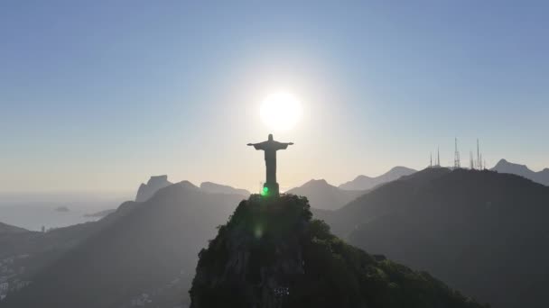 Cristo Redentor Río Río Janeiro Brasil Montaña Corcovado Sunlight Skyline — Vídeo de stock