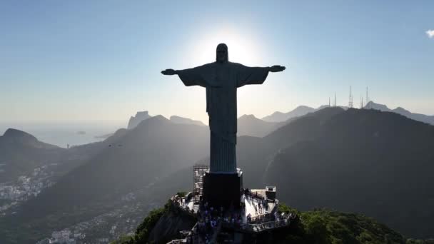 Cristo Redentor Río Río Janeiro Brasil Montaña Corcovado Foggy Skyline — Vídeos de Stock
