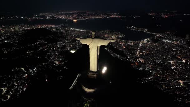 Christ Redeemer Rio Rio Janeiro Brazil Corcovado Mountain Illuminated Cityscape — Stock Video
