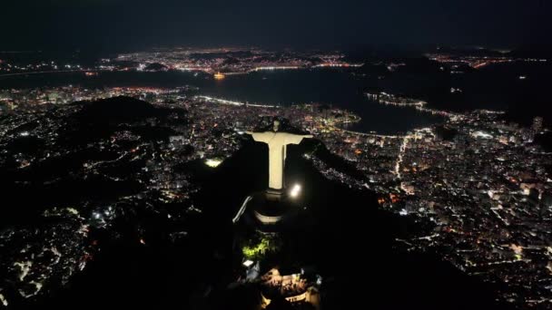 Chrystus Odkupiciel Rio Janeiro Brazylia Góra Corcovado Oświetlone Miasto Rio — Wideo stockowe