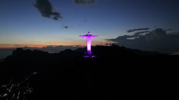 Christ Redeemer Rio Janeiro Rio Janeiro Brazil Corcovado Mountain Illuminated — Stock Video