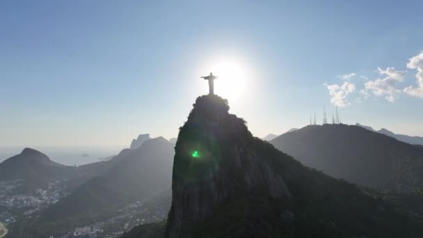 Христос Спаситель Ріо Жанейро Бразилія Гора Корковадо Сонячне Світло Скайлайн — стокове відео