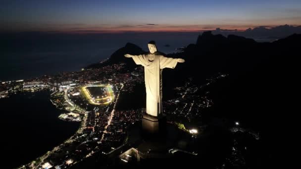 Христос Воскресший Рио Жанейро Рио Жанейро Бразилия Гора Корковадо Освещённый — стоковое видео