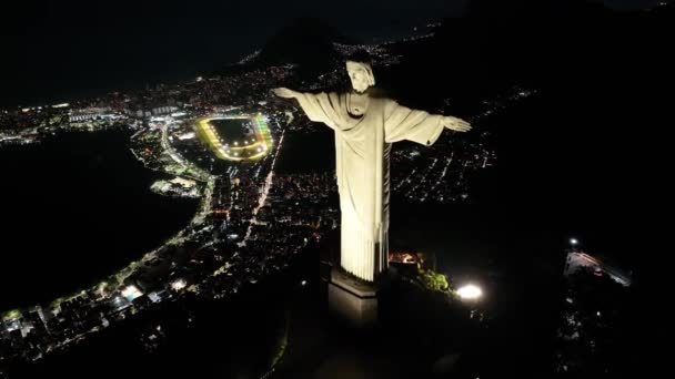 Krisztus Megváltó Rio Rio Janeiro Brazília Corcovado Hegy Megvilágított Városkép — Stock videók