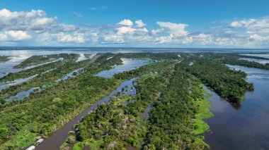Amazon Ormanı 'nda Amazon Nehri' nin yüzen restoranları. Manaus Brezilya. Doğa, vahşi hayat manzarası. Yeşil arka plan. Amazonas eyaletindeki orman ağaçları. Turizm cazibesi. Seyahat hedefi.