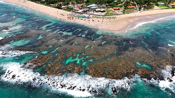 Pernambuco Brezilya 'daki Tavukların Limanı' nda Cupe Plajı. Mercan Kayalıkları Körfezi Suyu. Doğa manzarası. Cennet Manzarası. Seyahat belgesi. Pernambuco Brezilya 'daki Tavukların Limanı' nda Cupe Plajı.