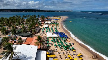 Maceio Alagoas Brezilya 'daki turkuaz su plajının havadan çekimleri. Maceio Alagoas Brezilya 'da Gunga Sahili turizm simgesi. Rahatlama manzarası. Brezilya Kuzeydoğu Sahili.