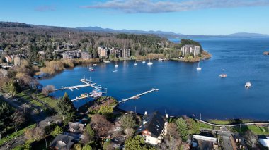 Los Lagos Şili 'deki Pucon Yarımadası' nda. Sahil şehri. Volkanik plaj. Seyahat arazisi. Pucon Şili. Volkan arka planı. Los Lagos Şili 'deki Pucon Yarımadası.