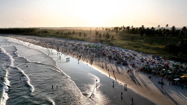 Sunset at French Beach tropical tourism landmark at Maceio Alagoas Brazil. Landmark beach at Northeast Brazil. Tropical travel. Travel destination.