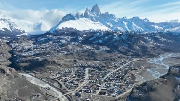 Chalten Mountain Chalten Santa Cruz Argentyna Śnieżny Krajobraz Widok Lotu — Wideo stockowe