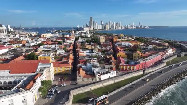 Cartagena Skyline Cartagenie Bolivarze Kolumbia Średniowieczny Budynek Ściany Kartageńskiej Scenerii — Wideo stockowe