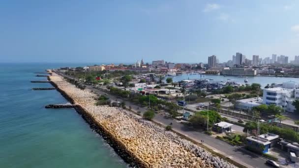 Carretera Costera Cartagena Bolívar Colombia Paisaje Edificios Gran Altura Distrito — Vídeo de stock