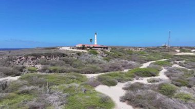 Oranjestad Aruba Noord 'daki Kaliforniya Deniz Feneri. Karayip Sahili. Mavi Deniz Arkaplanı. Oranjestad Aruba 'daki Noord. Turizm arazisi. Doğa Deniz Burnu.