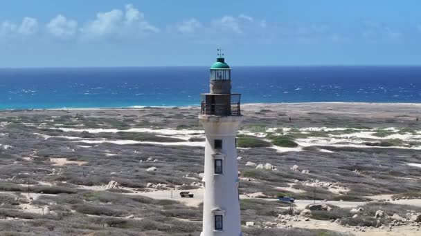 California Lighthouse Noord Oranjestad Aruba Caribbean Beach Blue Sea Background — стокове відео