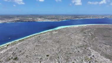 Klein Bonaire Kralendijk, Bonaire Hollanda Antilleri 'nde. Ada Sahili. Mavi Deniz Manzarası. Bonaire Hollanda Antilleri 'nde Kralendijk. Turizm arka planı. Doğa Deniz Burnu.