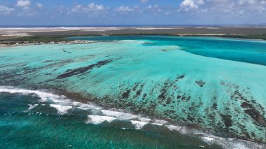 Hollanda 'nın Bonaire Antilleri' ndeki Kralendijk 'te Sorobon Plajı. Ada Sahili. Mavi Deniz Manzarası. Bonaire Hollanda Antilleri 'nde Kralendijk. Turizm arka planı. Doğa Deniz Burnu.