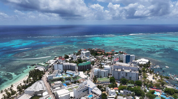 San Andres Island At San Andres In Caribbean Island Colombia. Tropical Scenery. Cityscape Landscape. San Andres At Caribbean Island Colombia. Tourism Background. Downtown Island.
