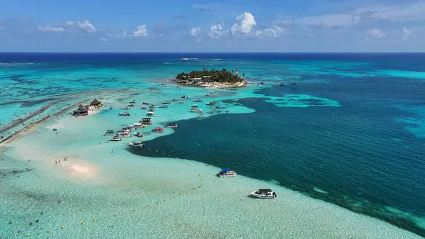 Karayip Adası Kolombiya 'daki San Andres Akvaryumu. Kolombiya Karayip Sahili. Mavi Deniz Arkaplanı. San Andres Karayip Adası Kolombiya 'sında. Turizm arazisi. Doğa Deniz Burnu.