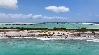 Hollanda 'nın Bonaire Antilleri' ndeki Kralendijk 'te Kırmızı Köle Kulübeleri. Plaj manzarası. Karayip Adası. Bonaire Hollanda Antilleri 'nde Kralendijk. Deniz Burnu Açık Hava. Doğa Turizmi.