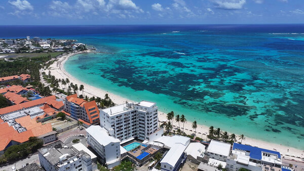 Spratt Bight Beach At San Andres In Caribbean Island Colombia. Tropical Scenery. Cityscape Landscape. San Andres At Caribbean Island Colombia. Tourism Background. Downtown Island.