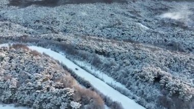 Tierra Del Fuego Arjantin 'deki Ushuaia' da kar kapaklı yol. Karlı Dağlar. Buzul Manzarası. Tierra Del Fuego Arjantin. Kış Arkaplanı. Tierra Del Fuego Arjantin 'de Ushuaia' da Karlı Yol.