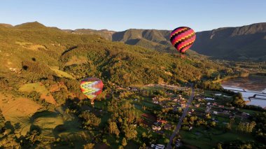 Colorful Balloon At Praia Grande In Santa Catarina Brazil. Hot Air Balloon Flying. Beautiful Skyline. Rice Field Scenery. Colorful Balloon At Praia Grande In Santa Catarina Brazil. Countryside Scene.