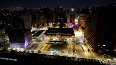 Municipal Market At Porto Alegre In Rio Grande Do Sul Brazil. Traffic Avenue. Downtown District. Night Landscape. Municipal Market At Porto Alegre In Rio Grande Do Sul Brazil.