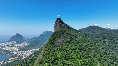 Christ The Redeemer At Tijuca National Park In Rio De Janeiro Brazil. Mountains Corcovado Skyline. Tourism Scene. Christ The Redeemer At Rio De Janeiro Brazil. Christ Redeemer Mountains Skyline.