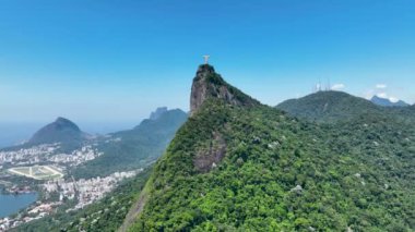 Christ The Redeemer At Tijuca National Park In Rio De Janeiro Brazil. Mountains Corcovado Skyline. Tourism Scene. Christ The Redeemer At Rio De Janeiro Brazil. Christ Redeemer Mountains Skyline.