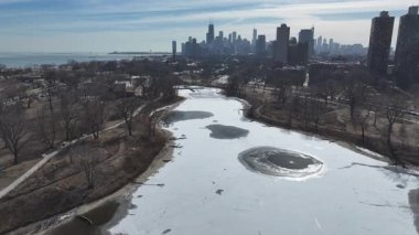 Illinois, Chicago 'daki Lincoln Parkı. Şehir merkezinde. Doğa Parkı Havacılık Manzarası. Illinois 'deki Lincoln Parkı. Highrise Binaları Peyzajı. Çarpıcı Kış Arkaplanı.