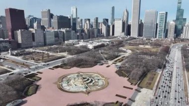 Chicago Skyline Illinois 'de Chicago' da. Highrise İnşaat Sahnesi. Şehir merkezi manzarası. Illinois 'de Chicago Skyline. İş Bölgesi. Doğa Parkı Sahnesi.