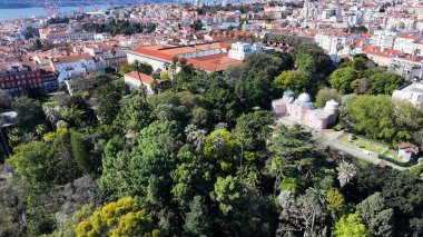 Lizbon, Portekiz 'deki Botanik Bahçesi. Botanik Bahçesi Sahnesi. Güzel şehir manzarası. Lizbon, Portekiz 'deki Botanik Bahçesi. Tarihi Şehir Manzarası. Orman Ağaçları Sahnesi.