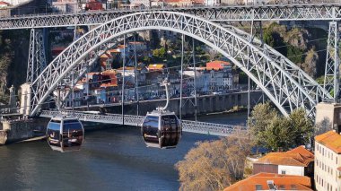 Porto Bölgesi Portekiz 'deki Porto' da kablolu araba. Ribeira İskelesi Peyzajı. Kültür Mirası. Eski Şehir Manzarası. Portekiz 'deki Porto' da kablolu araba. Douro Nehri Simgesi.