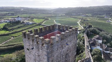 Leiria Portekiz 'in Obidos bölgesindeki Obidos Şatosu. Old Town Skyline 'da. Ortaçağ Binaları Sahnesi. Güzel şehir manzarası. Leiria Portekiz 'in Obidos bölgesindeki Obidos Şatosu. Kültür Mirası.