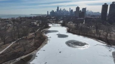 Illinois, Chicago 'daki Lincoln Parkı. Şehir merkezinde. Doğa Parkı Havacılık Manzarası. Illinois 'deki Lincoln Parkı. Highrise Binaları Peyzajı. Çarpıcı Kış Arkaplanı.