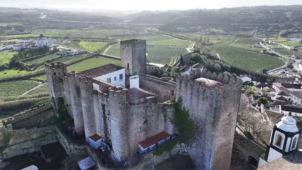 Leiria Portekiz 'in Obidos bölgesindeki Obidos Şatosu. Old Town Skyline 'da. Ortaçağ Binaları Sahnesi. Güzel şehir manzarası. Leiria Portekiz 'in Obidos bölgesindeki Obidos Şatosu. Kültür Mirası.