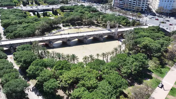 Valencia 'daki Turia Gardens, Valenciana İspanya. Doğa Parkı Sahnesi. Şehir merkezinde. Valencia, Valenciana İspanya 'da. Botanik bahçesi silueti. Güzel Şehir Manzarası.