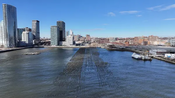 Jersey City Skyline New Jersey 'deki Jersey City' de. Şehir merkezinde. Hudson Sahilyolu. Jersey City Skyline, Amerika Birleşik Devletleri. Eğlence Parkı Peyzajı. Güzel Şehir Manzarası.