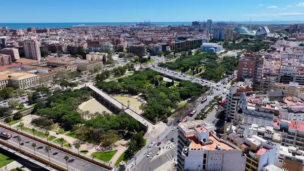 Valencia 'daki Turia Gardens, Valenciana İspanya. Doğa Parkı Sahnesi. Şehir merkezinde. Valencia, Valenciana İspanya 'da. Botanik bahçesi silueti. Güzel Şehir Manzarası.