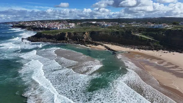 Big Beach At Sintra In Lisbon District Portugal. Beach Landscape. Nature Seascape. Travel Destination. Big Beach At Sintra In Lisbon District Portugal. Turquoise Water.