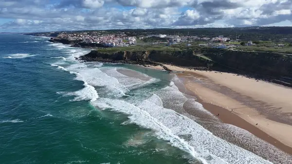 Big Beach At Sintra In Lisbon District Portugal. Beach Landscape. Nature Seascape. Travel Destination. Big Beach At Sintra In Lisbon District Portugal. Turquoise Water.
