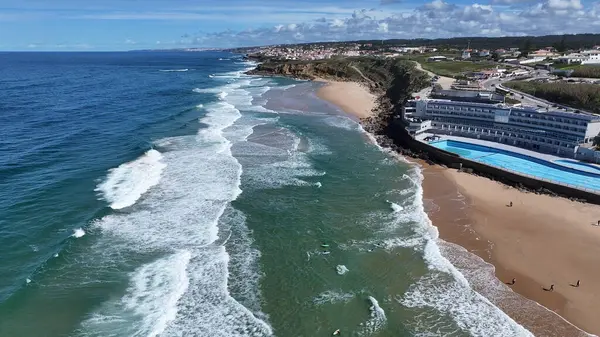 Big Beach At Sintra In Lisbon District Portugal. Beach Landscape. Nature Seascape. Travel Destination. Big Beach At Sintra In Lisbon District Portugal. Turquoise Water.