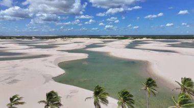 Lencois Maranhenses Tutoia, Brezilya 'da. Doğa Küçük Çarşafları. Manzaralı Palmiye Ağaçları. Lencois Maranhenses Tutoia 'da. Kıvrımlı kum tepeleri. Yağmur suyu gölleri. Tropik seyahat. Brezilya Kuzeydoğu.