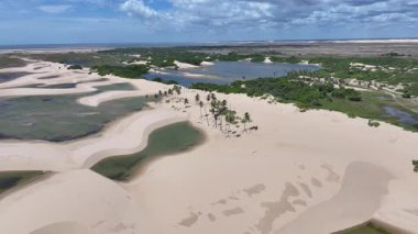 Lencois Maranhenses Tutoia, Brezilya 'da. Doğa Küçük Çarşafları. Manzaralı Palmiye Ağaçları. Lencois Maranhenses Tutoia 'da. Kıvrımlı kum tepeleri. Yağmur suyu gölleri. Tropik seyahat. Brezilya Kuzeydoğu.