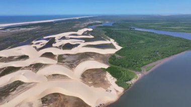 Maranhao Brezilya 'daki Araioses' de Morro Do Meio Plajı. Doğa Manzarası. Parnaiba Delta Vahşi Yaşam. Maranhao 'daki Morro Do Meio Plajı. Kıvrımlı kum tepeleri. Yağmur suyu gölleri. Tropik Seyahat.