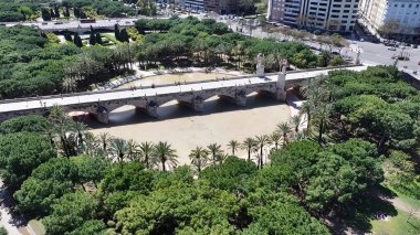 Valencia Valence Community İspanya 'da Valencia Skyline. Ünlü Botanik Bahçesi şehri geziyor. Şehir Gökyüzü Bulutları Şehir Arkaplanı. Şehir merkezinde Geniş Arkaplan.