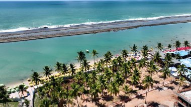 Brezilya 'nın kuzeydoğusunda, Pernambuco Brezilya Tavukların Limanı' nda Skyline. Yaz tatilinde harika bir sahil manzarası olan kuş bakışı. Cennet Peyzajı Gezgin Şehveti. Cennet Sahili.