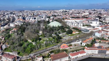 Porto Portekiz 'deki Doğa Parkı. İnsansız hava aracı, etrafı gür ağaçlarla çevrili kaldırımlı bir bahçe yakalıyor. Metropol Manzarası Panoramik Şehir Manzarası Güzel. Şehir Panoramik Şehir Manzarası. Porto Portekiz.