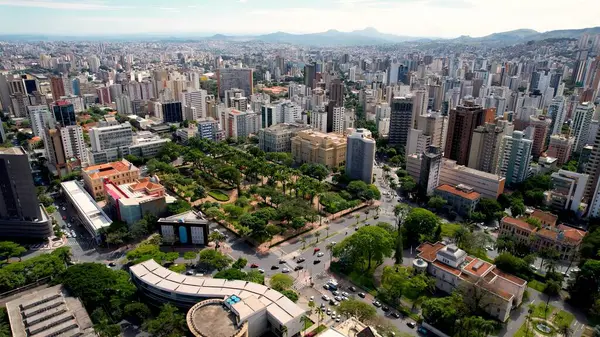 Belo Horizonte Minas Gerais Brezilya 'daki Özgürlük Meydanı. Yemyeşil parkın ve etrafındaki binaların havadan görünüşü. Şehir Gökyüzü Arkaplanı Kentsel. Şehir merkezinin yukarısında..