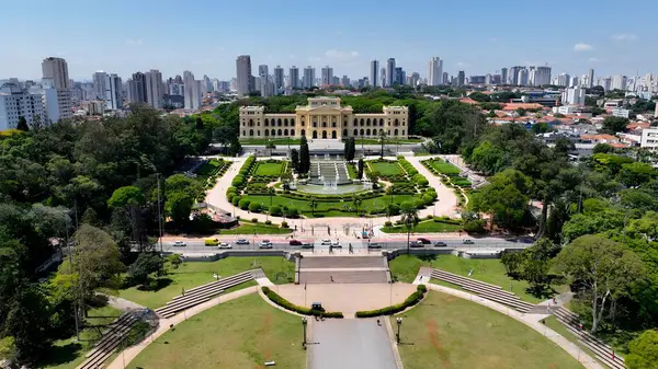 Sao Paulo Skyline, Ipiranga Müzesi Sao Paulo Brezilya. Yukardan bakıldığında hareketli bir şehirde ortaçağ binası. Şehir Gökyüzü Arkaplanı Kentsel. Açık Arkaplan Panoramik Şehir.